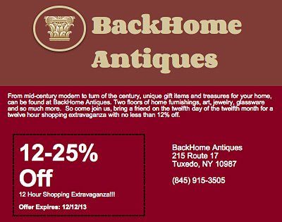 Enjoy 12 hours of discount shopping at BackHome Antiques on December 12.