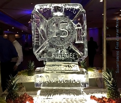 Sloatsburg Fire Department ice sculpture honoring Mayor Carl's Wright half century of service with the department.