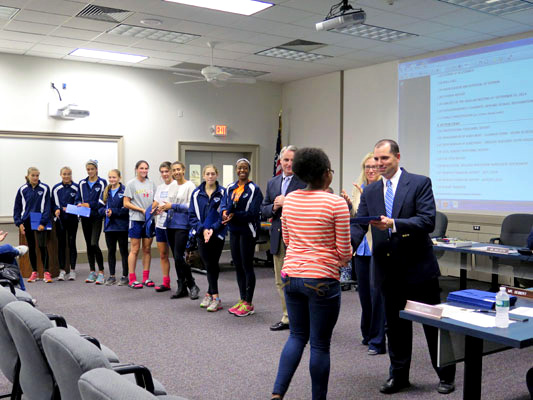 Andrew Guccione presented members of the Girls Lacrosse and Girls Spring Track & Field teams with certificates of achievement at the October 7 Board of Education meeting. Athletes were personally congratulated by Superintendent Dr. Douglas Adams and Board President Theresa DiFalco.