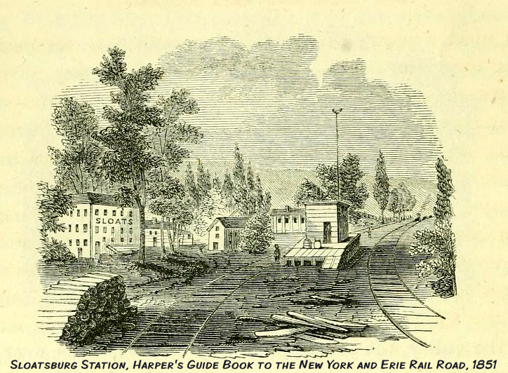 Harper's Guide Book to the NY & Erie Rail Roads in 1851 shows what Sloatsburg looked like with businesses along the Ramapo River. In 1868, a two-story brick facade station with tin roof was constructed. The station was torn down in the 1950s.