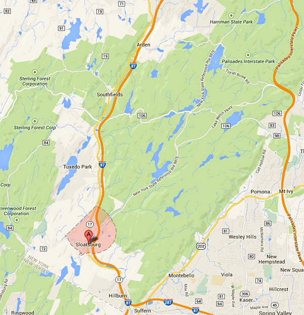 Map of Sloatsburg, NY surrounded by the green spaces of county and state parks.