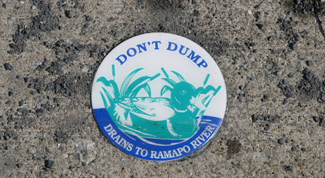 Curbside badge in Orange County that caution dumping into storm drains that empty into the Ramapo River / Photo by Geoff Welch