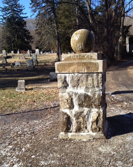 Pillar that was mortared and repaired at the entrance to the Sloatsburg Cemetery.