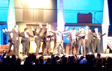 Dress rehearsal of cast singing "Brotherhood of Man" in SHS's production of How To Succeed in Business.