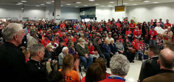 Hudson Valley Honor Flight participants gathered at Stewart International Airport, preparing to go on Mission #7 to Washington, D.C.  as part of the Honor Flight program. / Photo courtesy of Mike & Daphne Downes