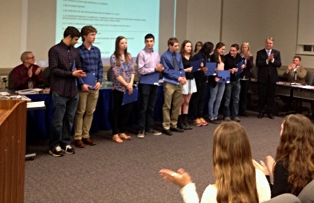 Suffern High School National Merit Scholars are recognized by the Ramapo Central School  Board during an evening of honoring outstanding achievement by district high school students.