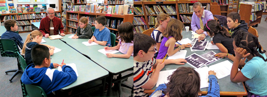 Rockland County Historian Craig Long and Sloatsburg Mayor Carl Wright hold forth on Visitors Day during the annual Sloatsburg Elementary School 4th grade local history day, where students learn all things Sloatsburg.