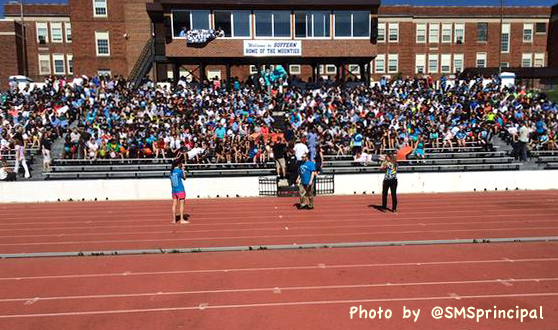 Set up for the finale shot of the Suffern Middle School Lip Dub to Heroes (We Could Be), produced Monday by the school's Kindness Crusaders club.