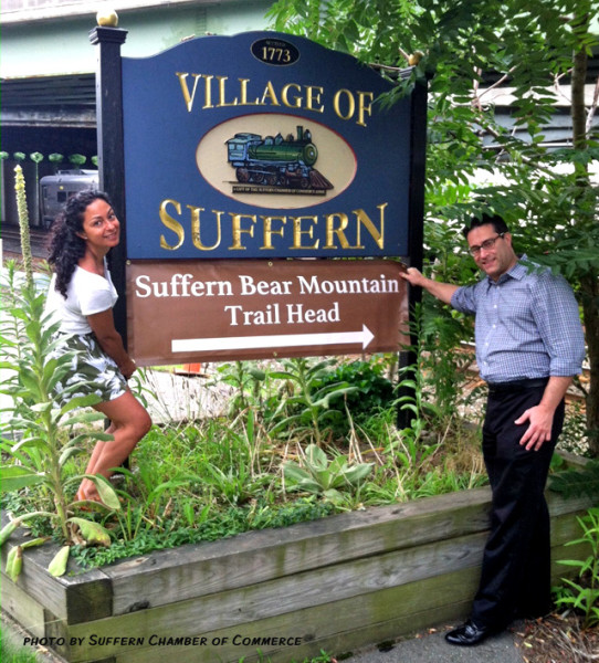 Alexandria Lopez of the Suffern Chamber of Commerce and Rockland County Legislative Chair Alden Wolfe show new park-friendly signage coming soon to Suffern, as the village positions itself as an attractive destination for park adventurers.