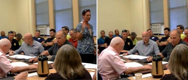 Newly appointed Suffern Trustee Jo Meegan Corrigan gets sworn in at a packed special village meeting. For a moment it appeared Trustee Bob Morris greeted Meegan's oath of office with the old Bronx Cheer./Photo courtesy Suffern Videos