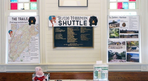 Some of our information signs in the Tuxedo Train Station. We have them there on Saturday and Sunday morning when we run the shuttle, but it all has to come down when we leave. A permanent kiosk could have this information year-round.