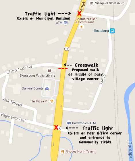 Map of the proposed Village center crosswalk championed by Sen. David Carlucci's office and local residents.