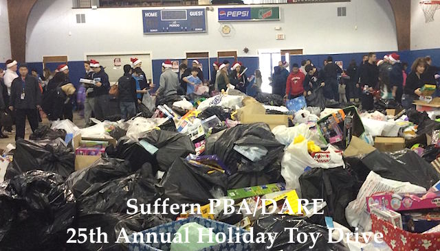 The Suffern PBA/DARE Holdiay Toy drive brought the community together and filled up the Suffern Community Center with good things for area kids in need. Photo via the Suffern PBA/DARE Holiday Toy Drive