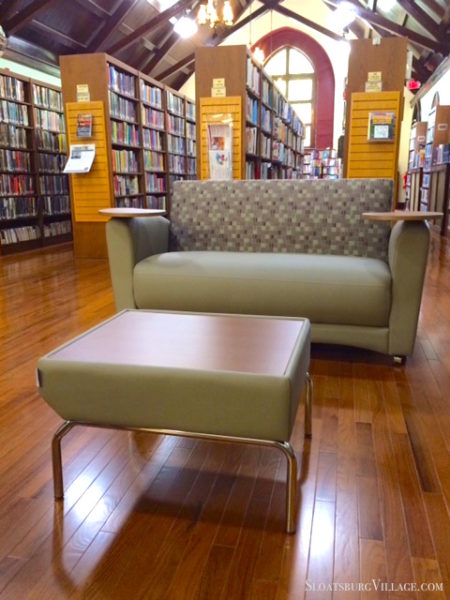 View of the Sloatsburg Library's Chapel room, which features a new floor, redesigned shelving and chill new patron seating.