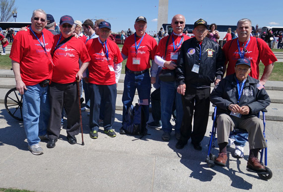 George Heller stands to the right with the blue jacket with other Sloatsburg veterans, who traveled with family and/or friend guardians enjoy a sunny Saturday in Washington, D.C.in May of 2015 via the Hudson Valley Honor Flight program. / Photo courtesy of Mike & Daphne Downes