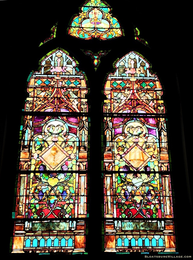 United Methodist Church in Sloatsburg main stained glass window donated by the Sloat family.