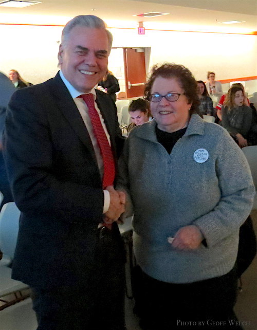 Town of Ramapo Supervisor Christopher St. Lawrence with Tuxedo resident and educator Sue Scher, who is part of a regional Tuxedo coalition that opposes the Pilgrim Pipelines due to its threat to the Ramapo River watershed and surrounding environment.